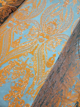 Orange Sequin Embroidered Lace Stretch Mesh Fabric