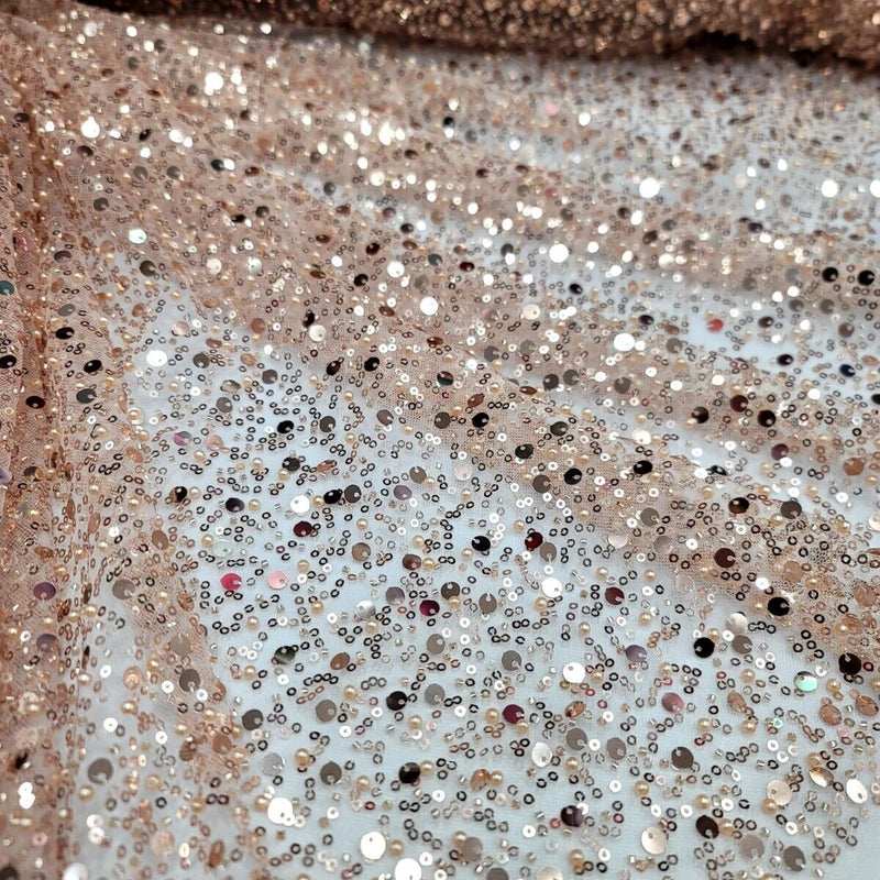 Rose Gold Sequins Beaded Embroidered Stretch Lace Fabric