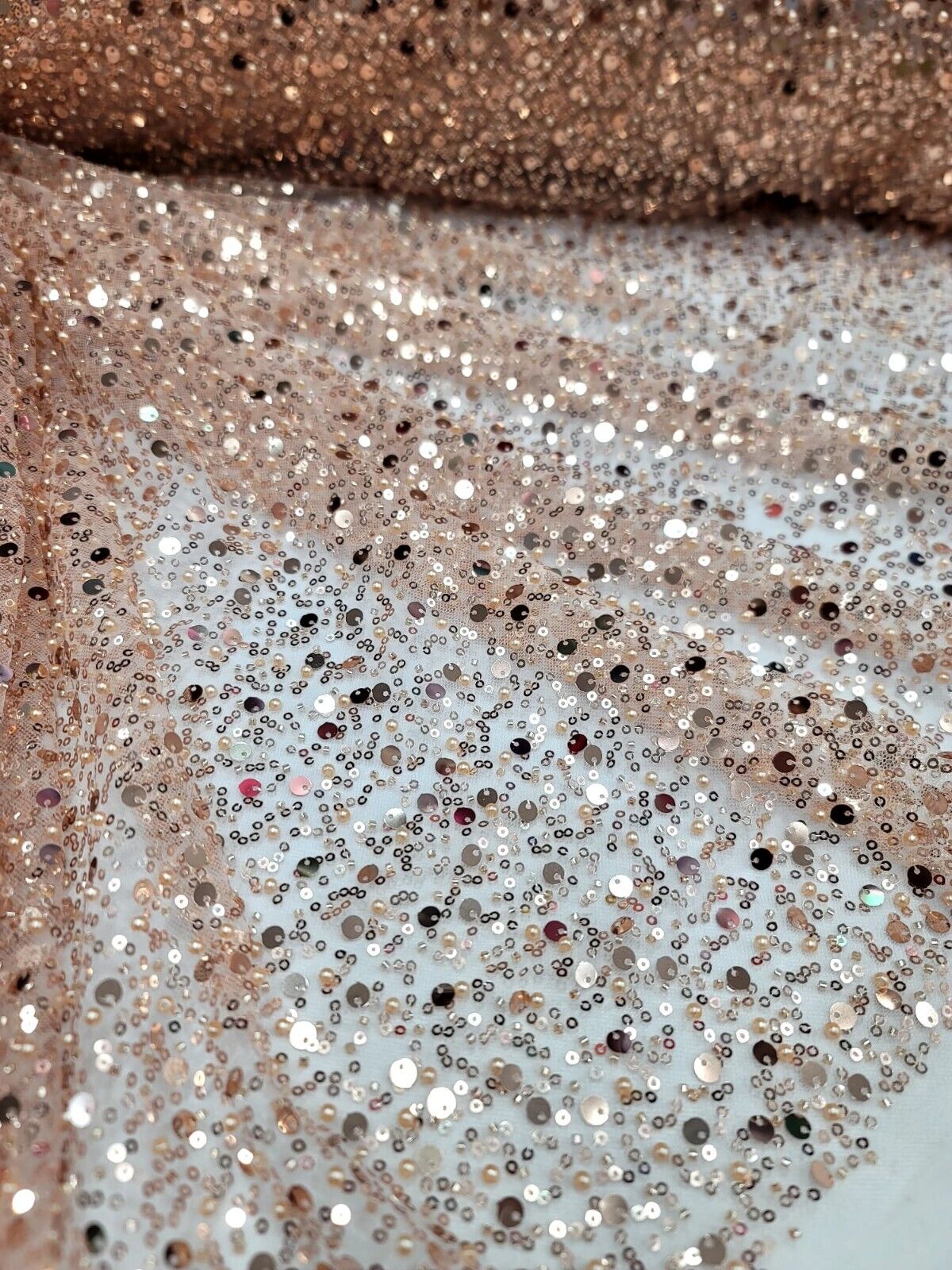 Rose Gold Sequins Beaded Embroidered Stretch Lace Fabric