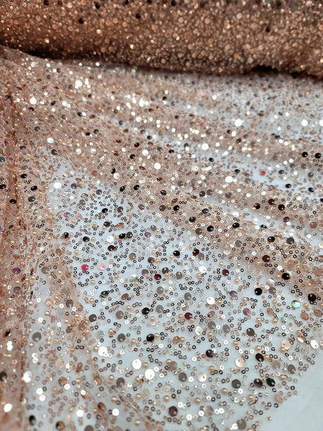 Rose Gold Sequins Beaded Embroidered Stretch Lace Fabric