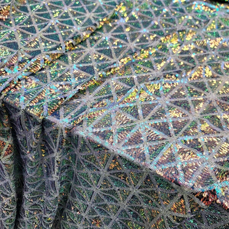 Sequin Stretch Mesh Fabric Green Blue Iridescent on Black
