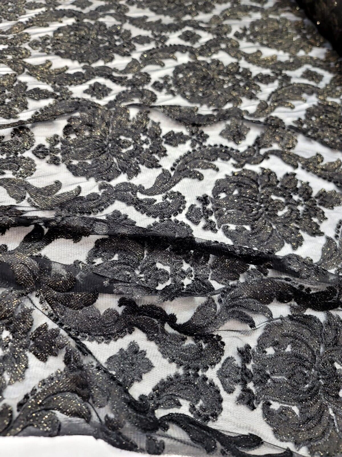 Embroidered Stretch Lace Fabric Black Gold Accent