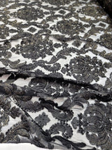 Embroidered Stretch Lace Fabric Black Gold Accent