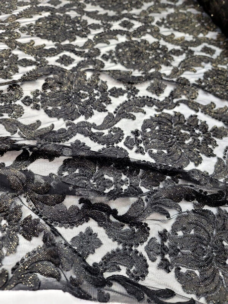 Embroidered Stretch Lace Fabric Black Gold Accent