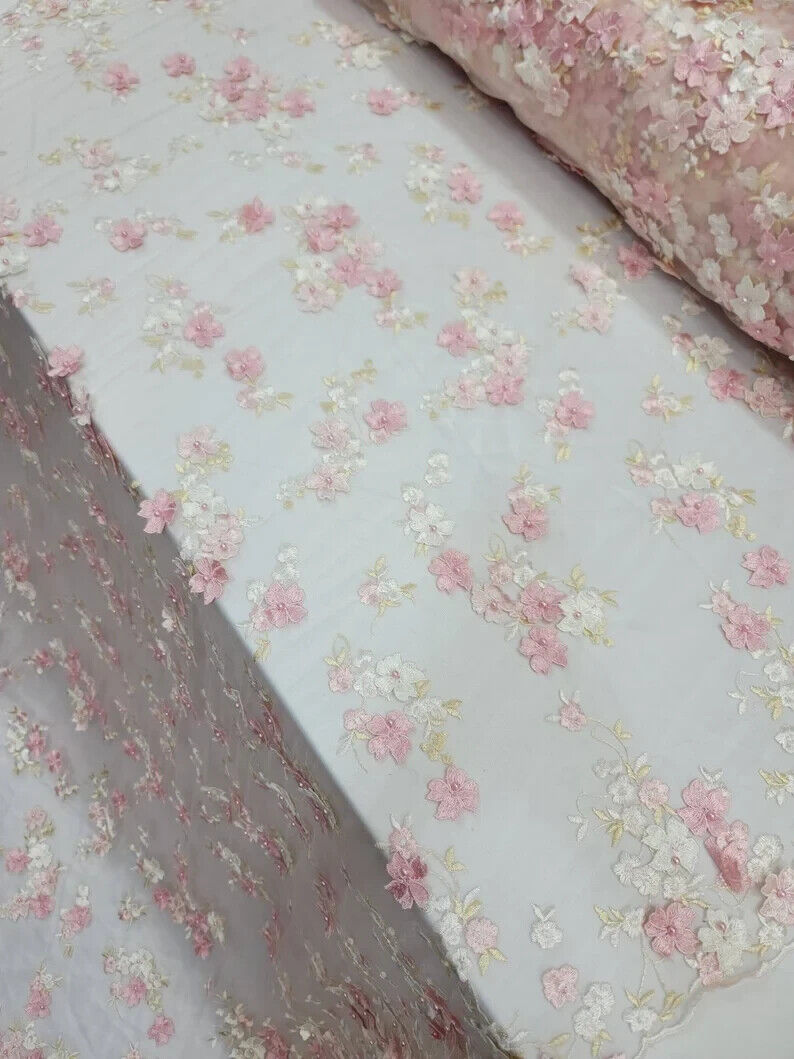 3D Floral Lace on Mesh Pink and Blush