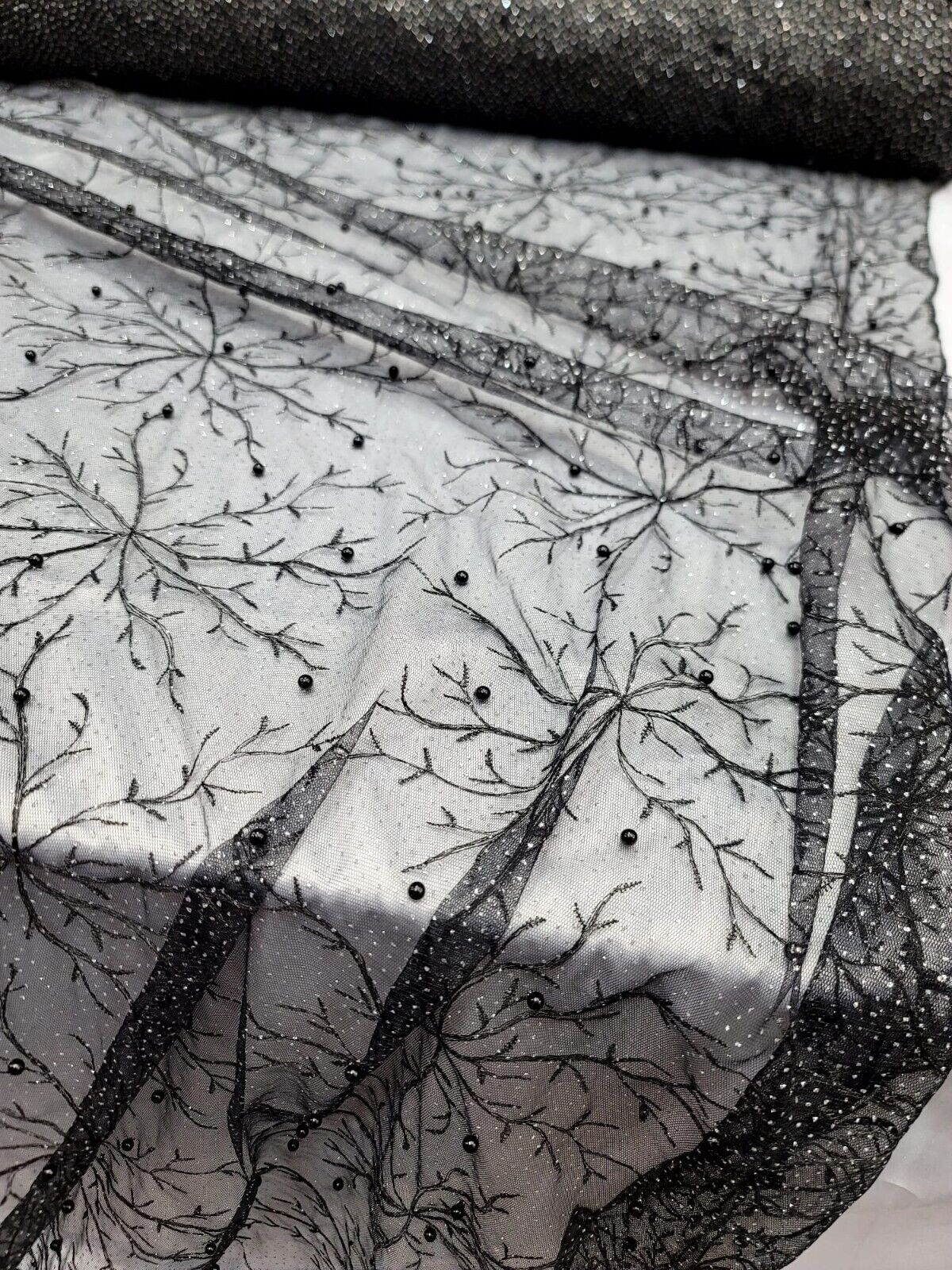 Embroidered Bridal Lace Fabric Black Silver