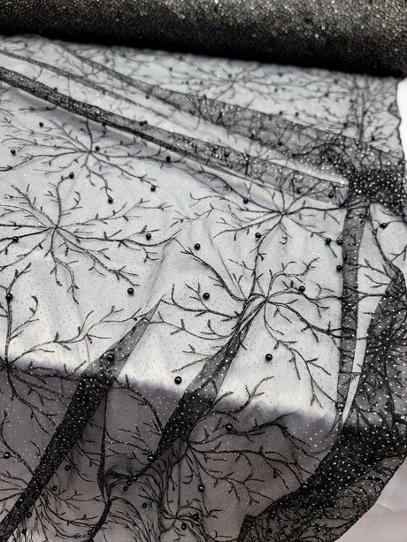 Embroidered Bridal Lace Fabric Black Silver