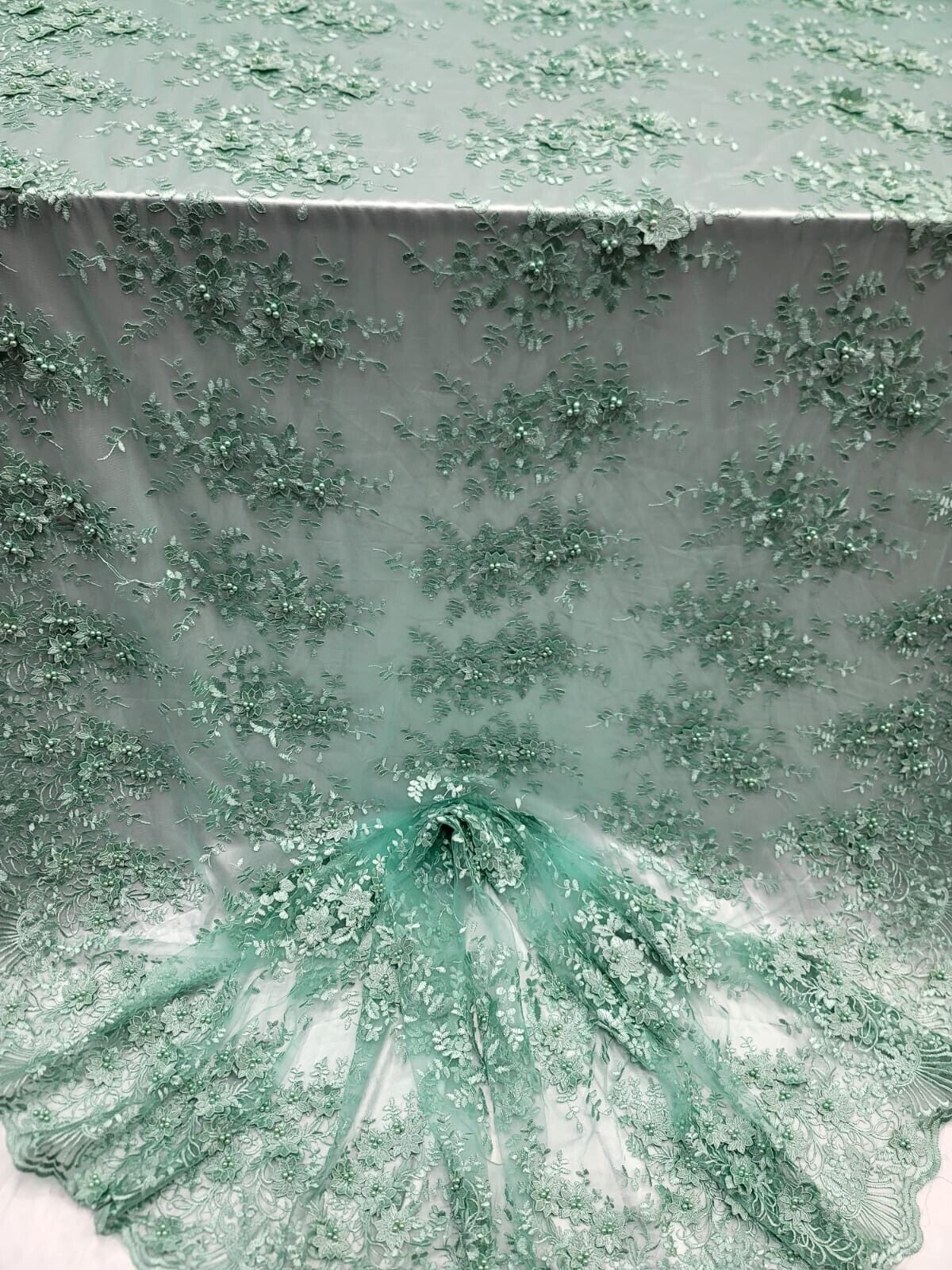 3D Floral Embroidery Beaded Mesh Lace Sage Green