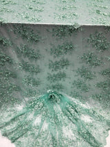 3D Floral Embroidery Beaded Mesh Lace Sage Green