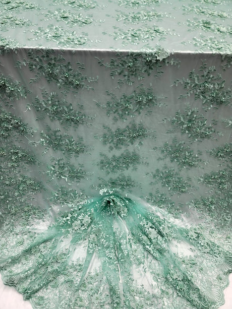 3D Floral Embroidery Beaded Mesh Lace Sage Green