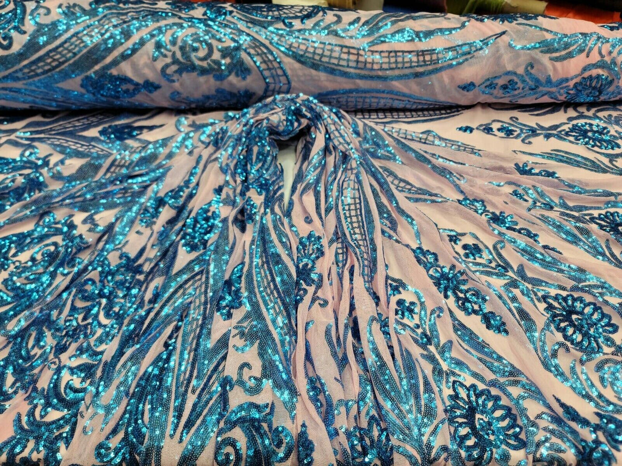 Royal Blue Sequin Lace Fabric