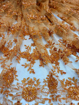 Orange Embroidery Lace Beaded Floral Fabric