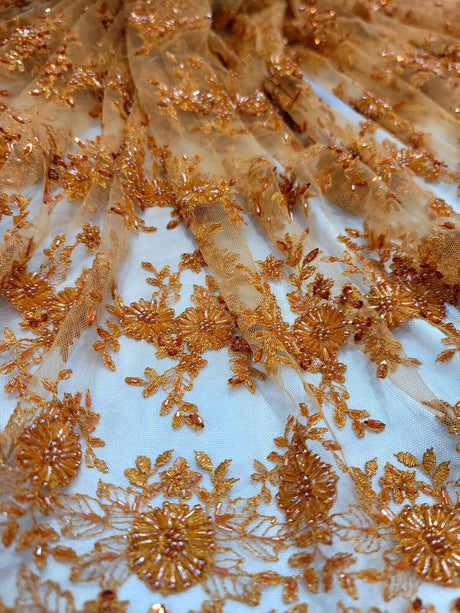 Orange Embroidery Lace Beaded Floral Fabric