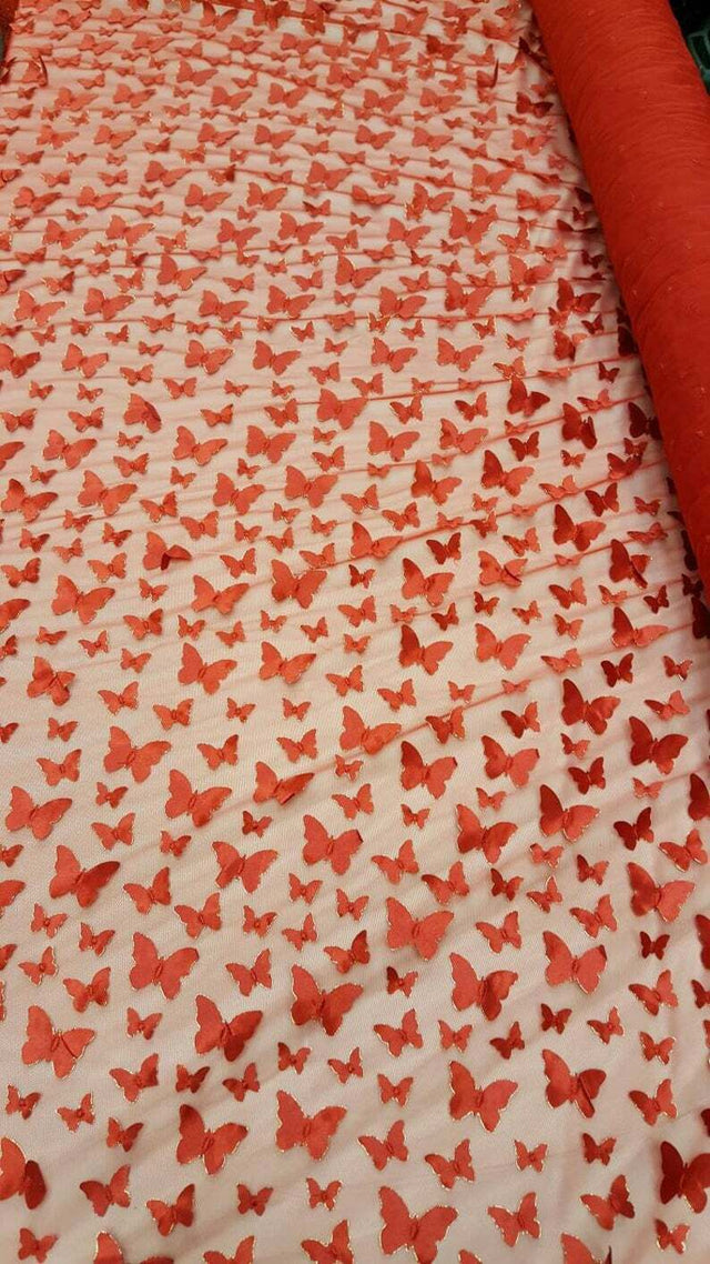 3D Satin Butterfly Embroidered Lace Red