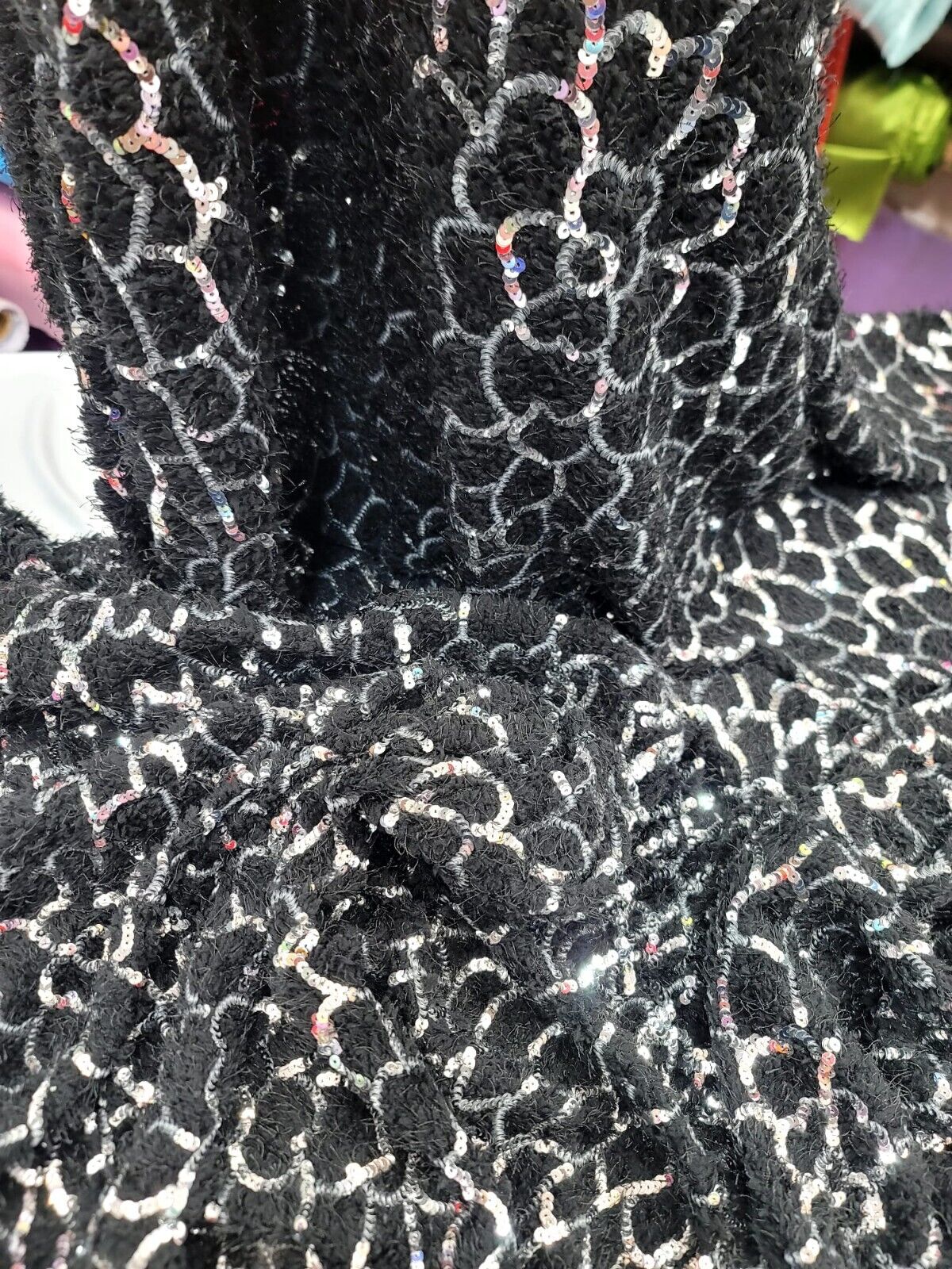 Sequin Faux Fur Stretch Fabric Black Silver