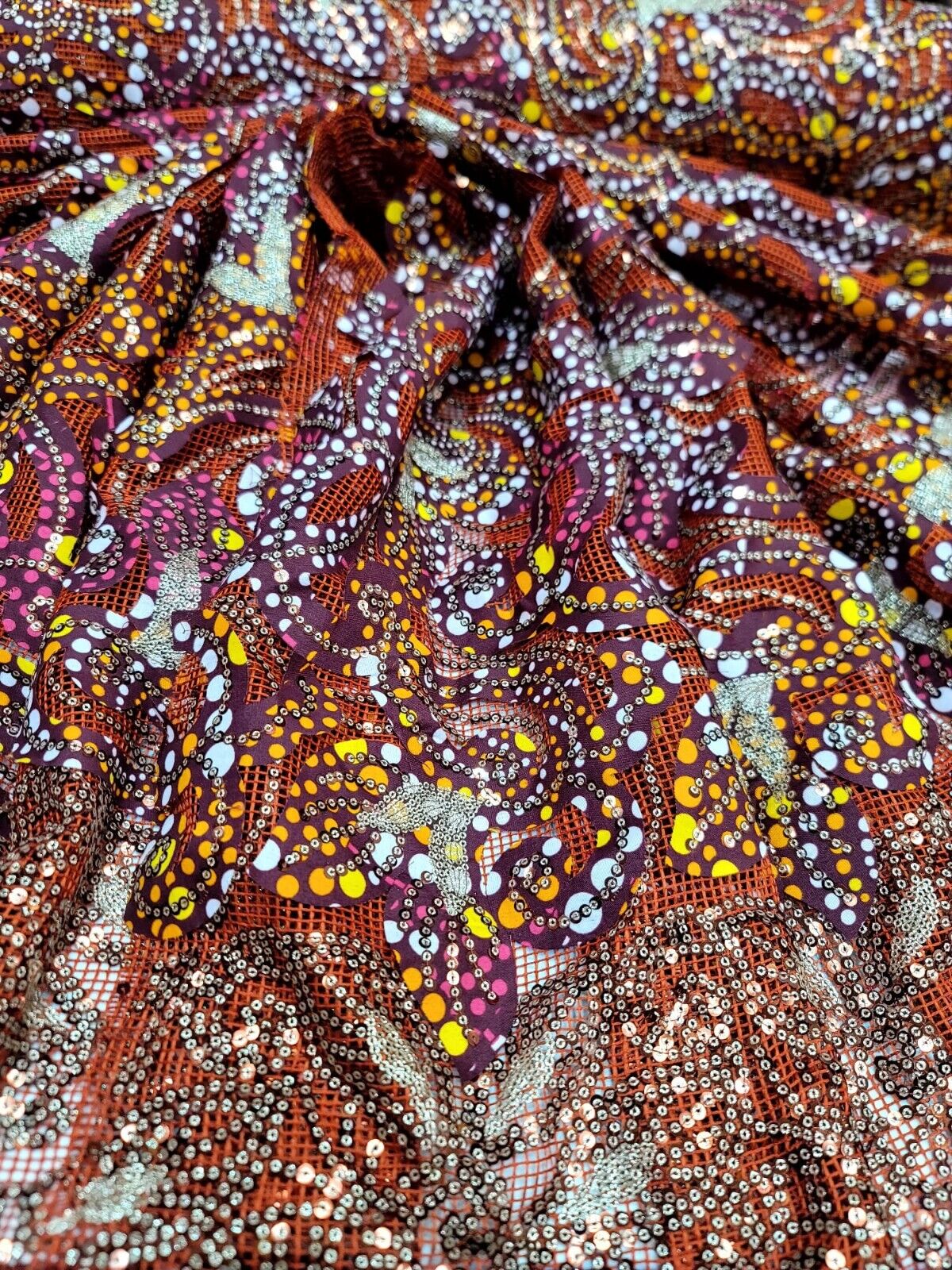 Maroon Sequins Embroidery Fish Net Lace