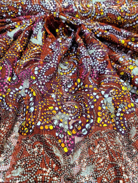 Maroon Sequins Embroidery Fish Net Lace