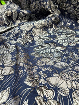 Brocade Jacquard Navy Blue Silver Floral
