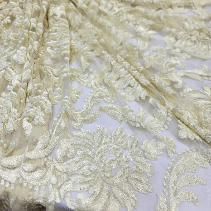 Embroidered Stretch Lace Fabric Sheer Floral Pale Yellow