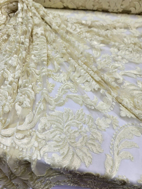 Embroidered Stretch Lace Fabric Sheer Floral Pale Yellow