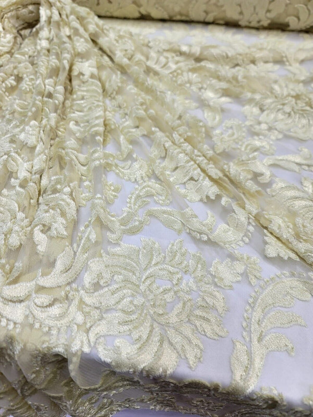 Embroidered Stretch Lace Fabric Sheer Floral Pale Yellow