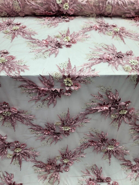 3D Embroidery Lace Fabric Dusty Rose