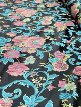 Brocade Jacquard Floral Fabric Green Fuchsia Blue