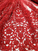 Beaded Embroidered Lace Fabric Red
