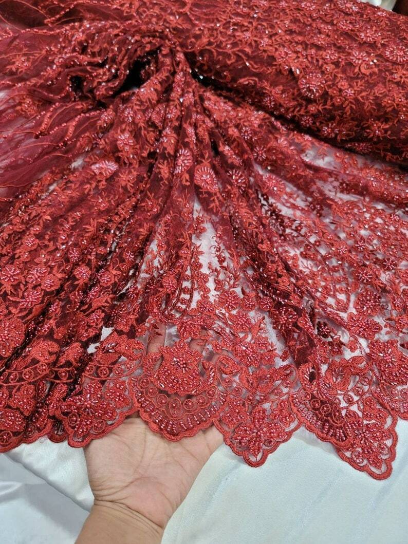 Beaded Lace Fabric Burgundy Floral Embroidery Mesh
