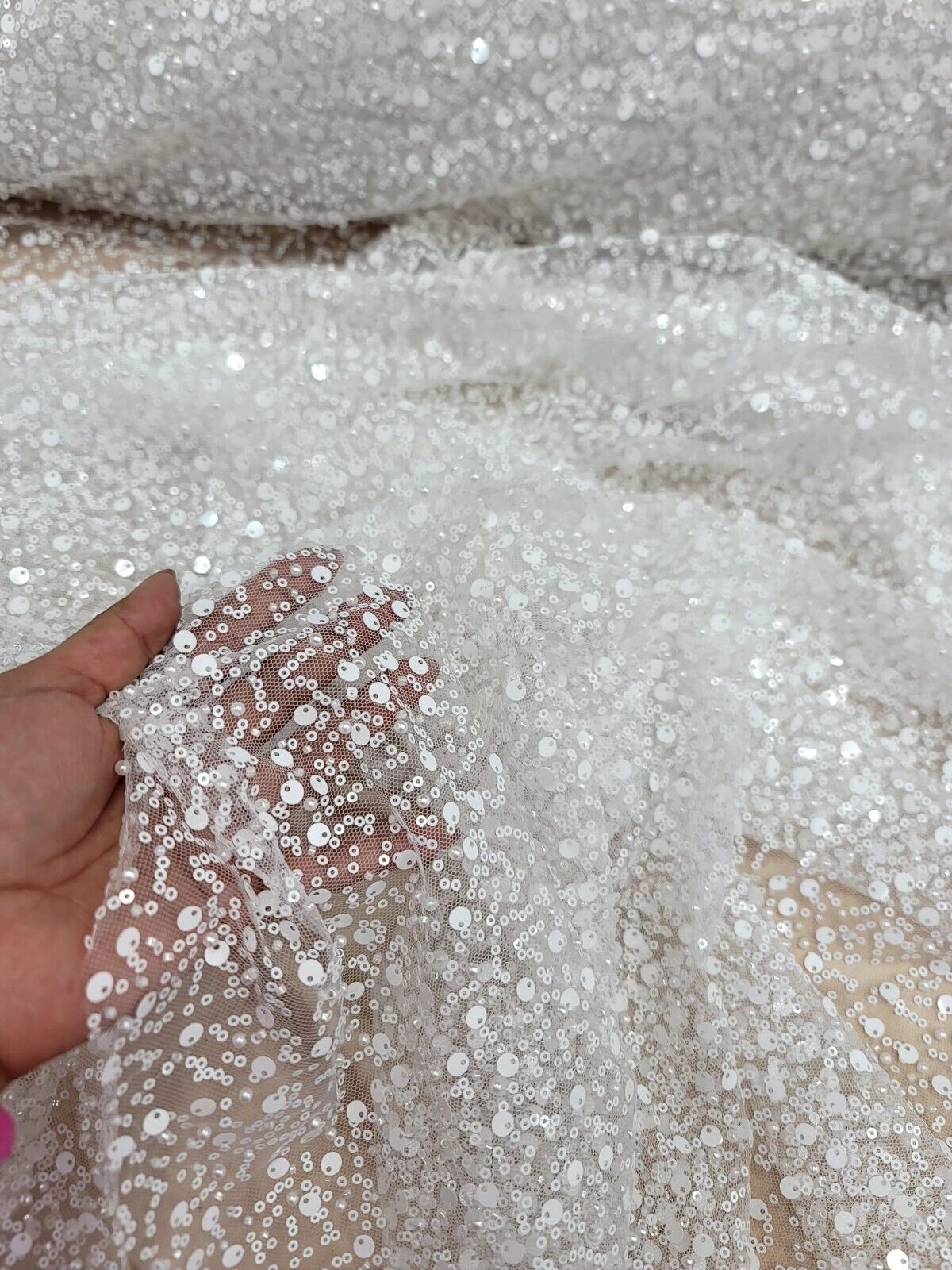 White Beaded Lace Fabric
