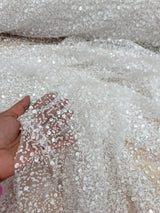 White Beaded Lace Fabric