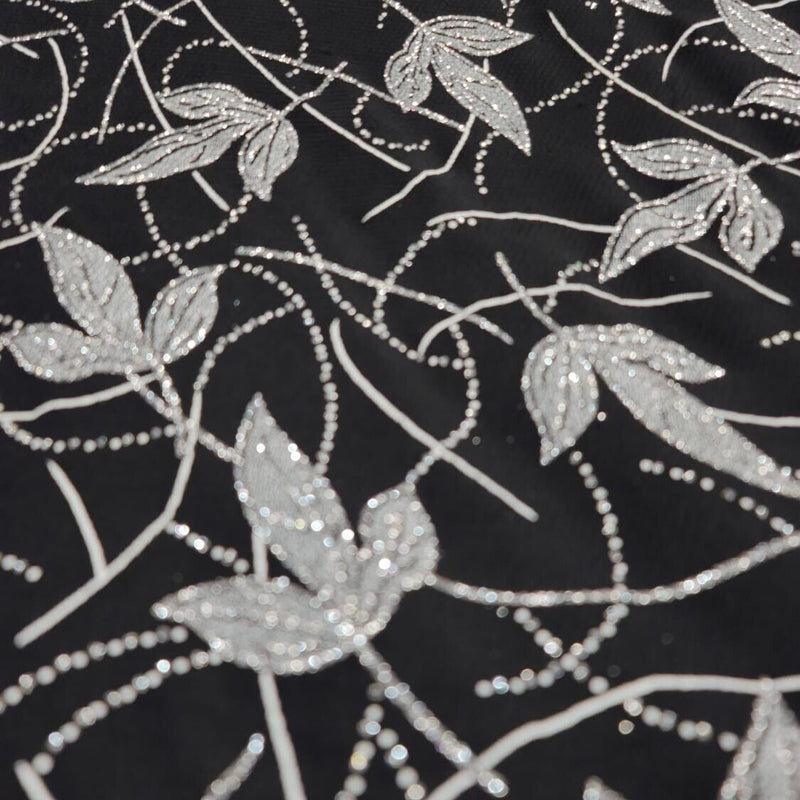 Silver Glitter Floral Black Spandex Fabric