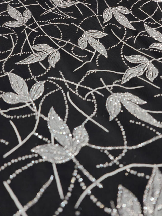 Silver Glitter Floral Black Spandex Fabric