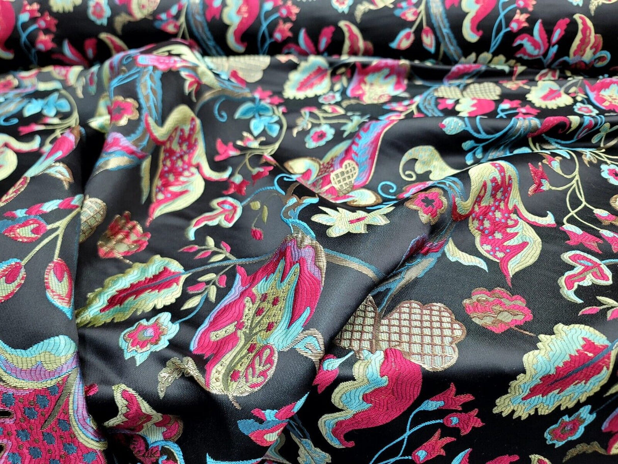 Brocade Jacquard Floral Fabric Green Fuchsia Blue