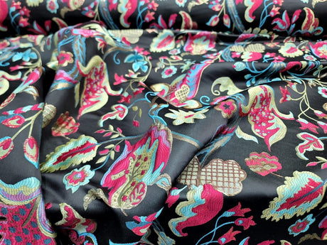 Brocade Jacquard Floral Fabric Green Fuchsia Blue