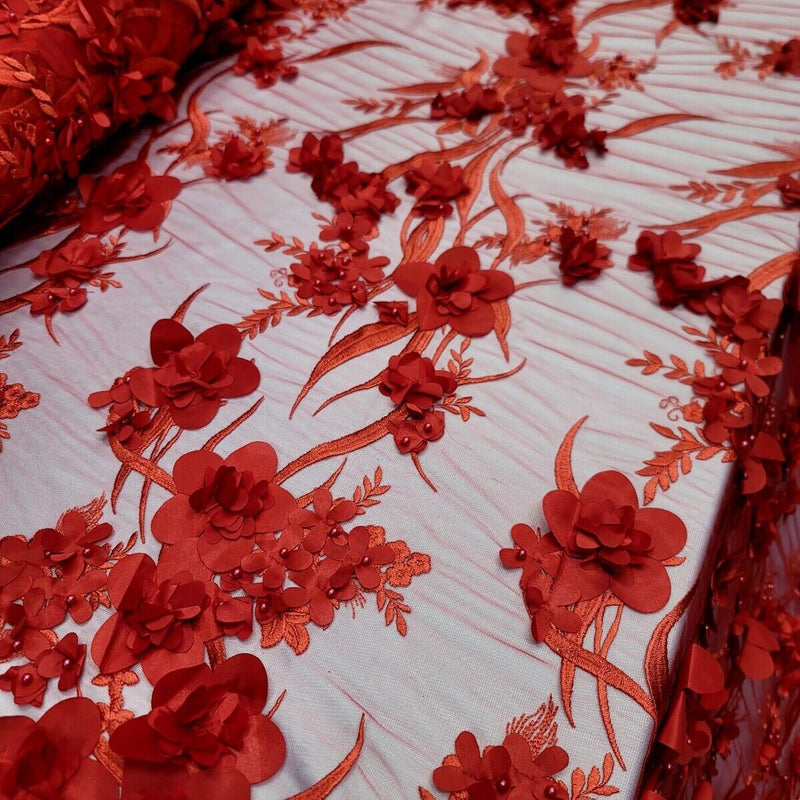 Red 3D Floral Embroidered Pearl Mesh Lace