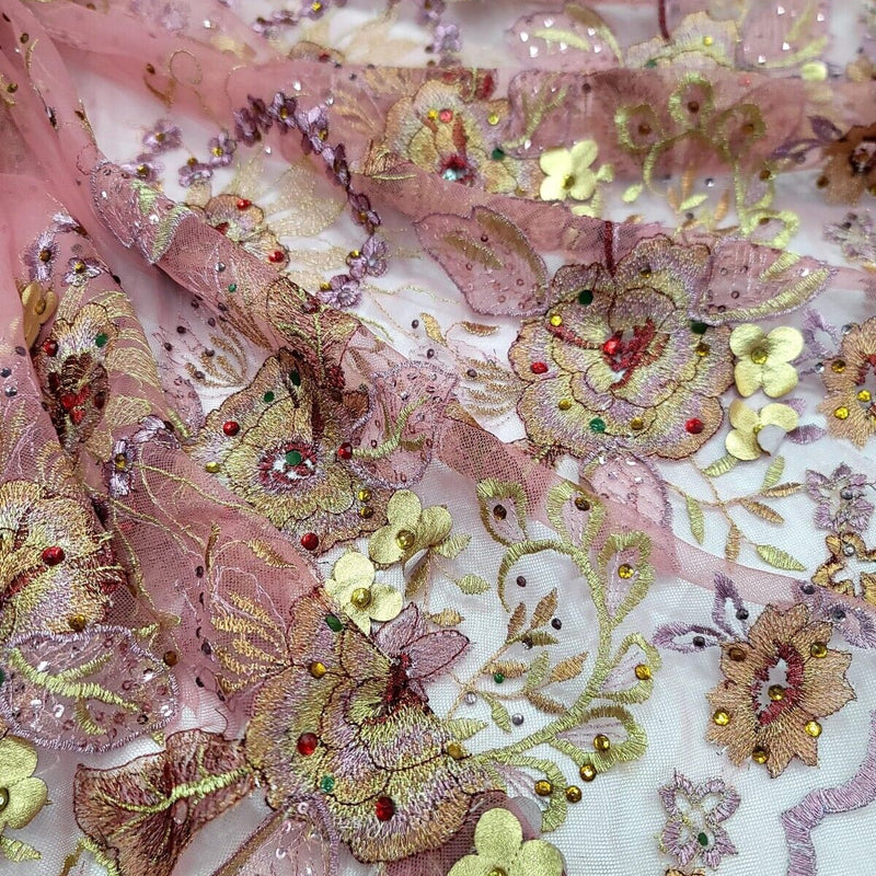 3D Floral Lace Fabric Coral Gold Rhinestone