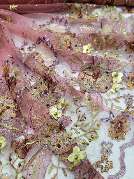 3D Floral Lace Fabric Coral Gold Rhinestone