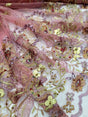 3D Floral Lace Fabric Coral Gold Rhinestone