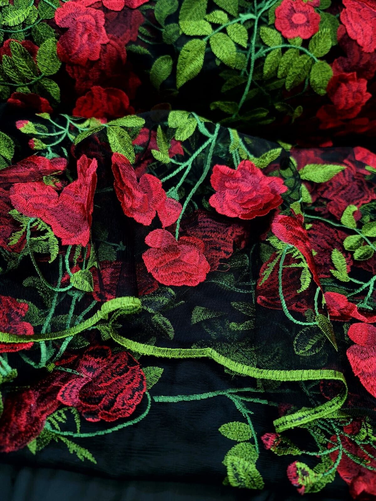 Embroidered Black Lace Fabric with Red and Green Flowers