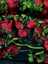 Embroidered Black Lace Fabric with Red and Green Flowers