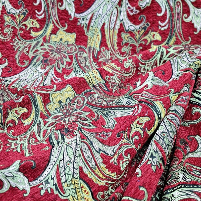 Red Gold Floral Damask Brocade Fabric