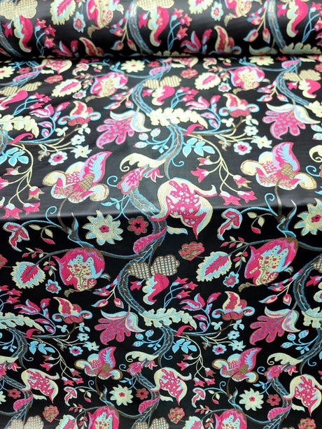 Brocade Jacquard Floral Fabric Green Fuchsia Blue