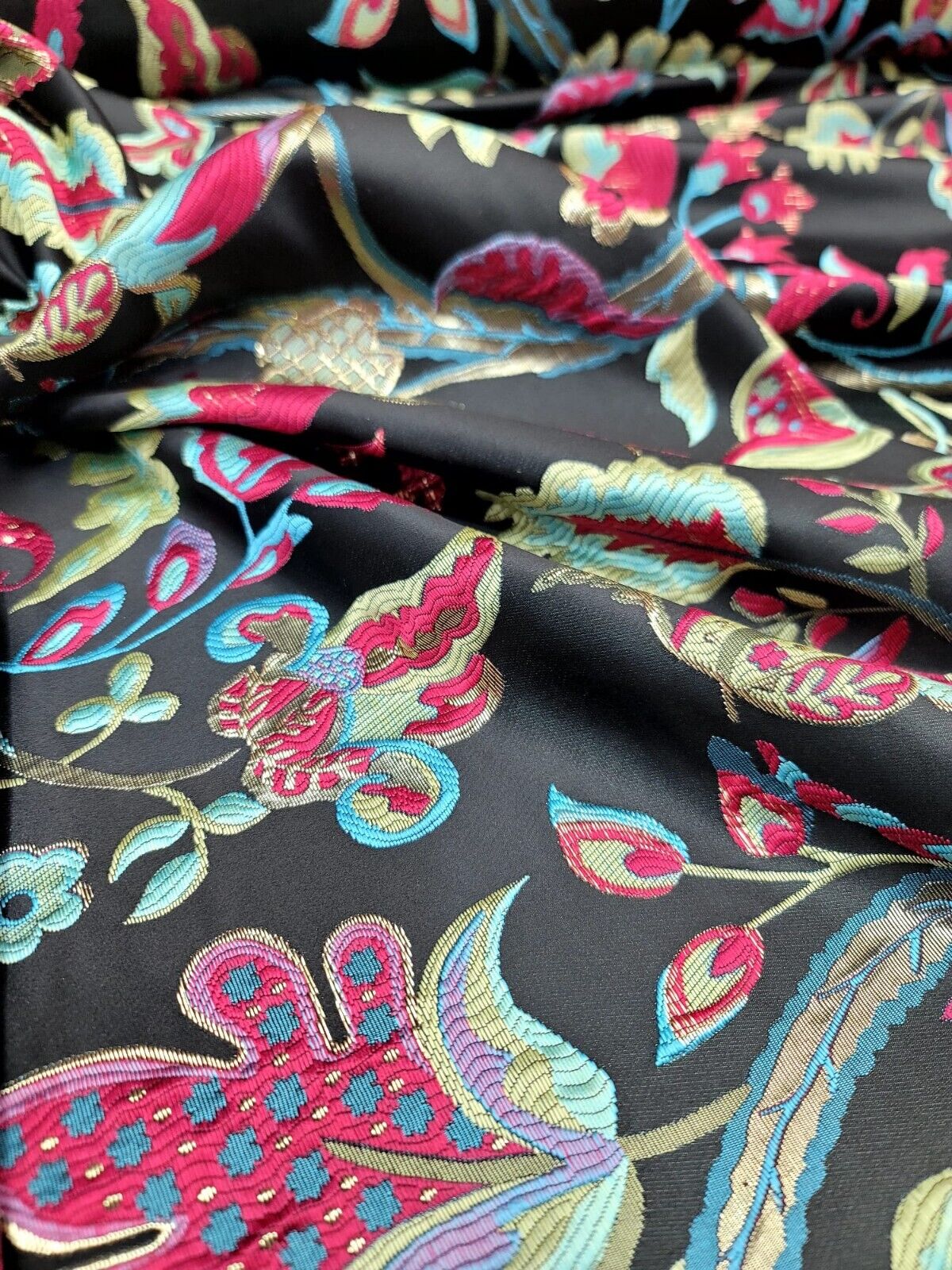Brocade Jacquard Floral Fabric Green Fuchsia Blue