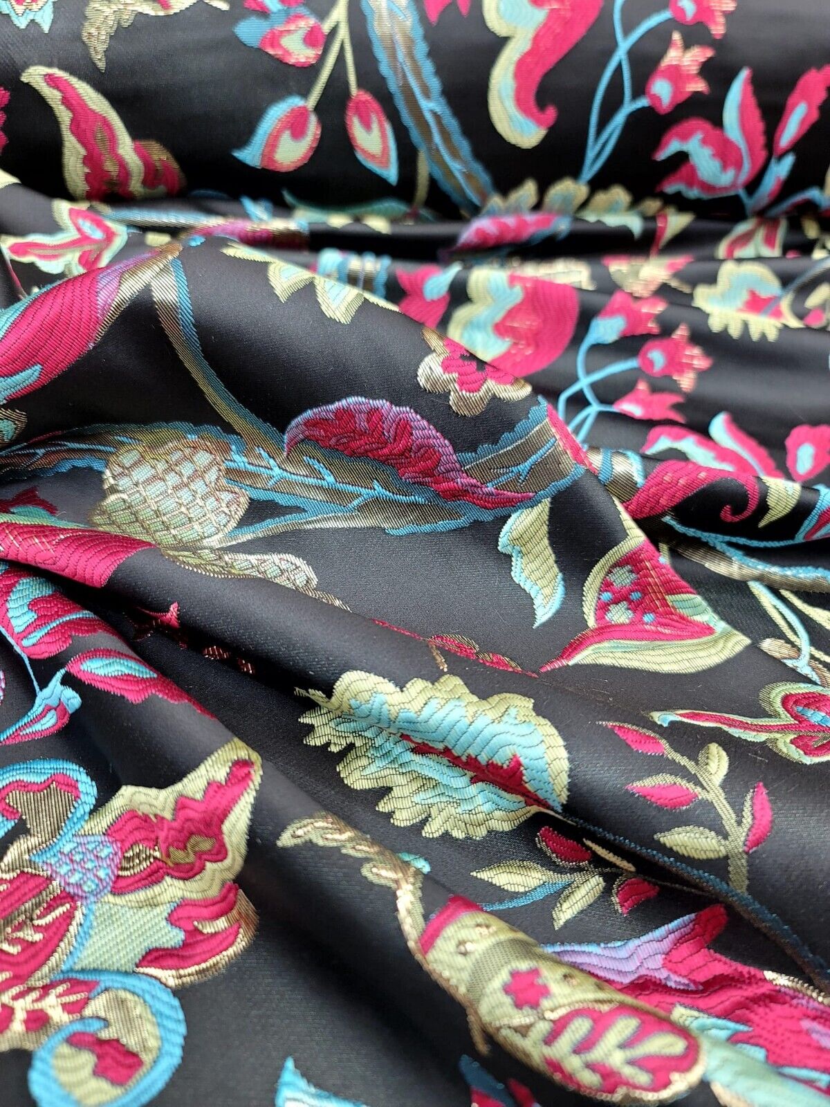 Brocade Jacquard Floral Fabric Green Fuchsia Blue