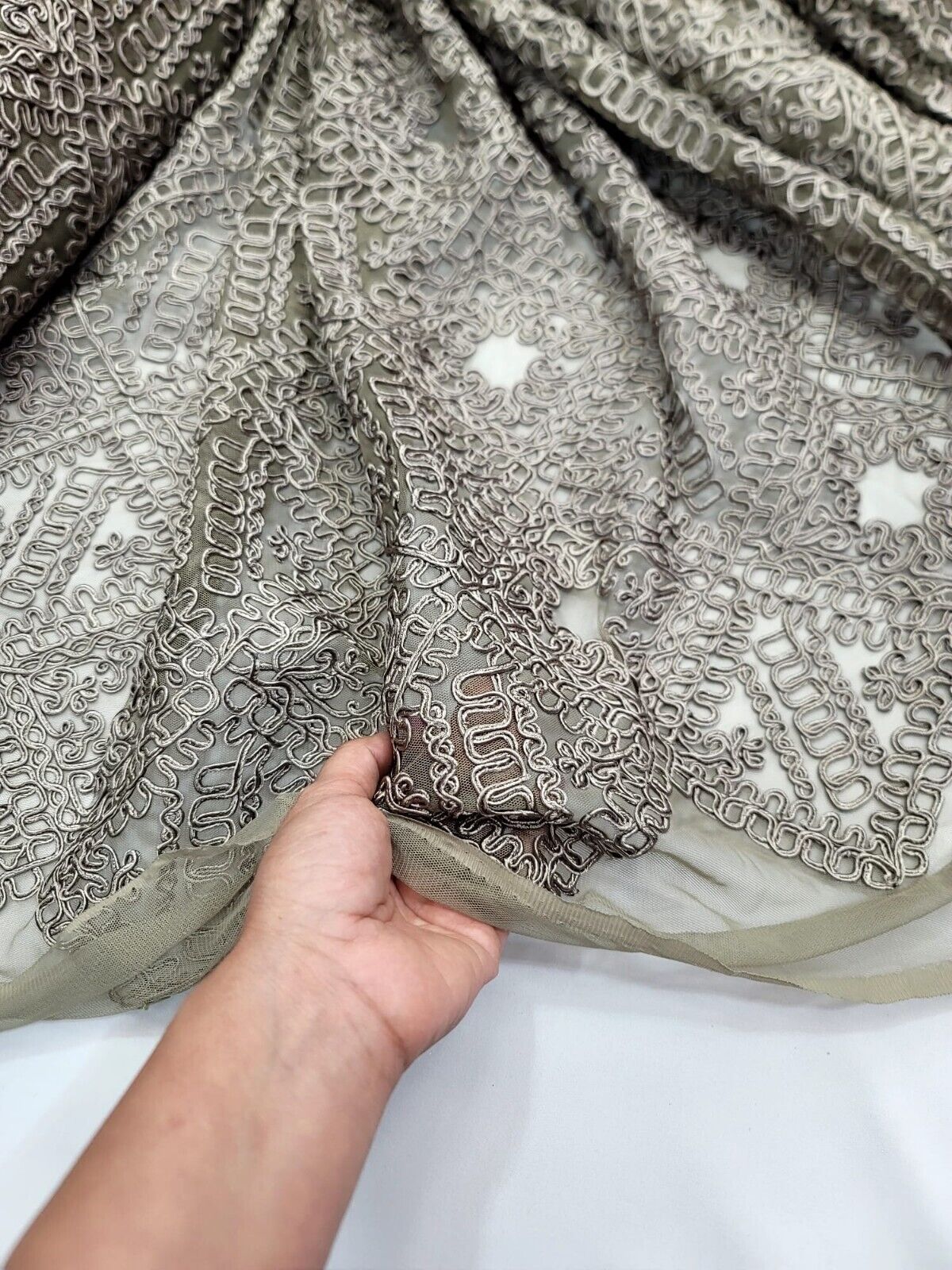 Embroidered Ribbon Lace Fabric Dark Olive Green