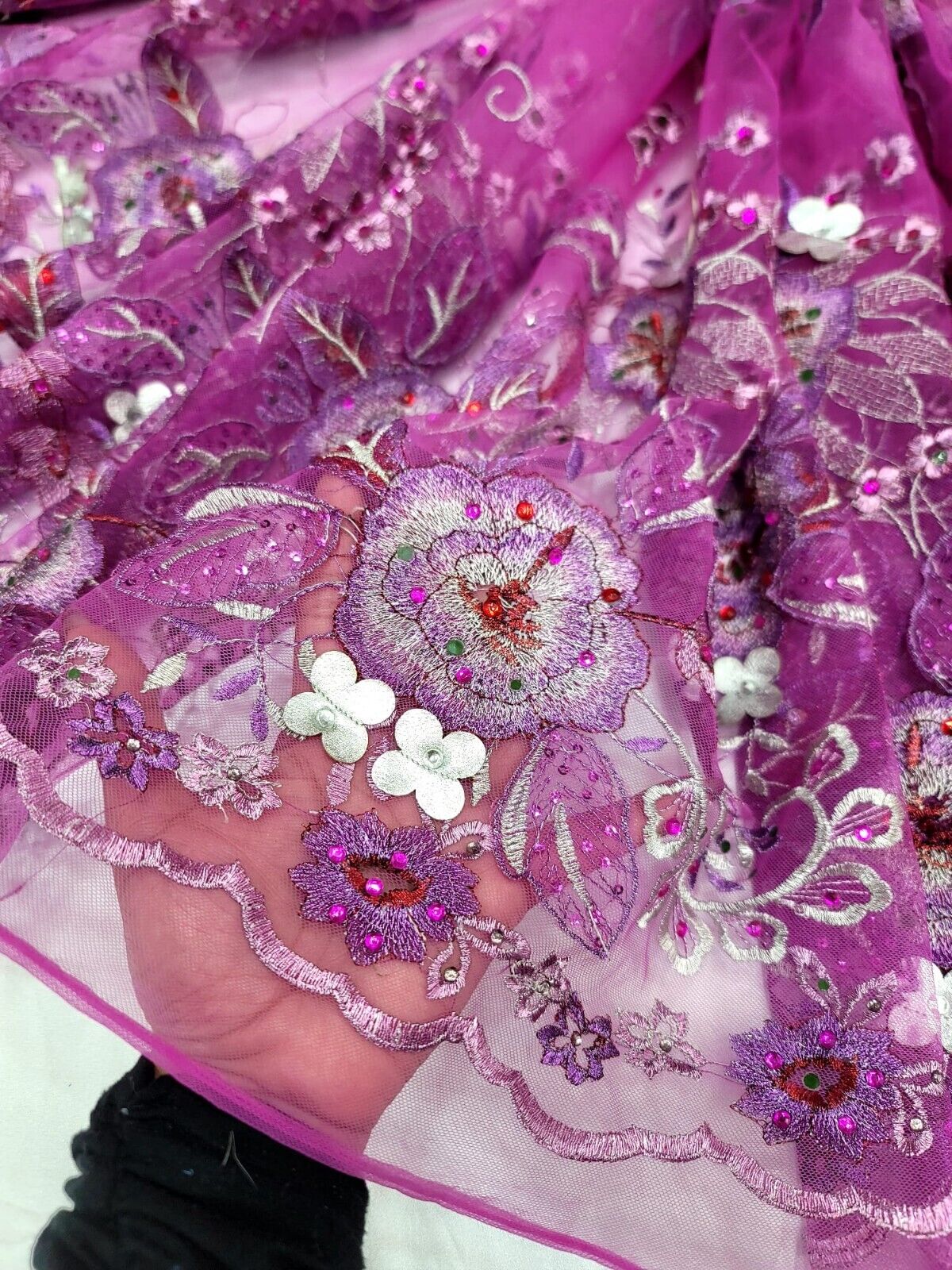 3D Floral Lace Purple with Silver Embroidery