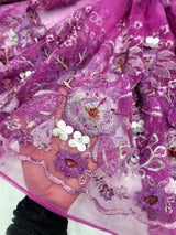 3D Floral Lace Purple with Silver Embroidery