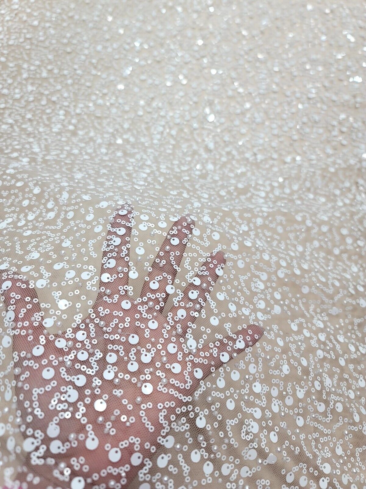 White Beaded Lace Fabric