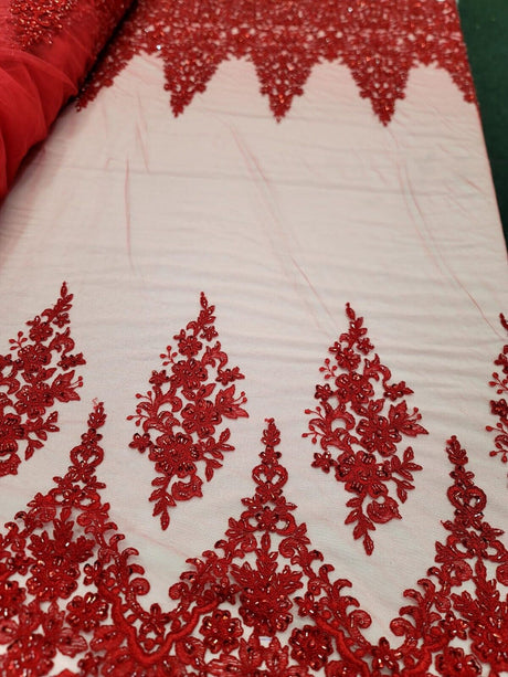 Beaded Embroidered Lace Fabric Red